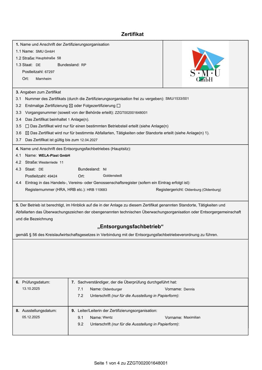 Vorschau: Entsorgungsfachbetrieb – nach § 56 KrWG / EfbV
